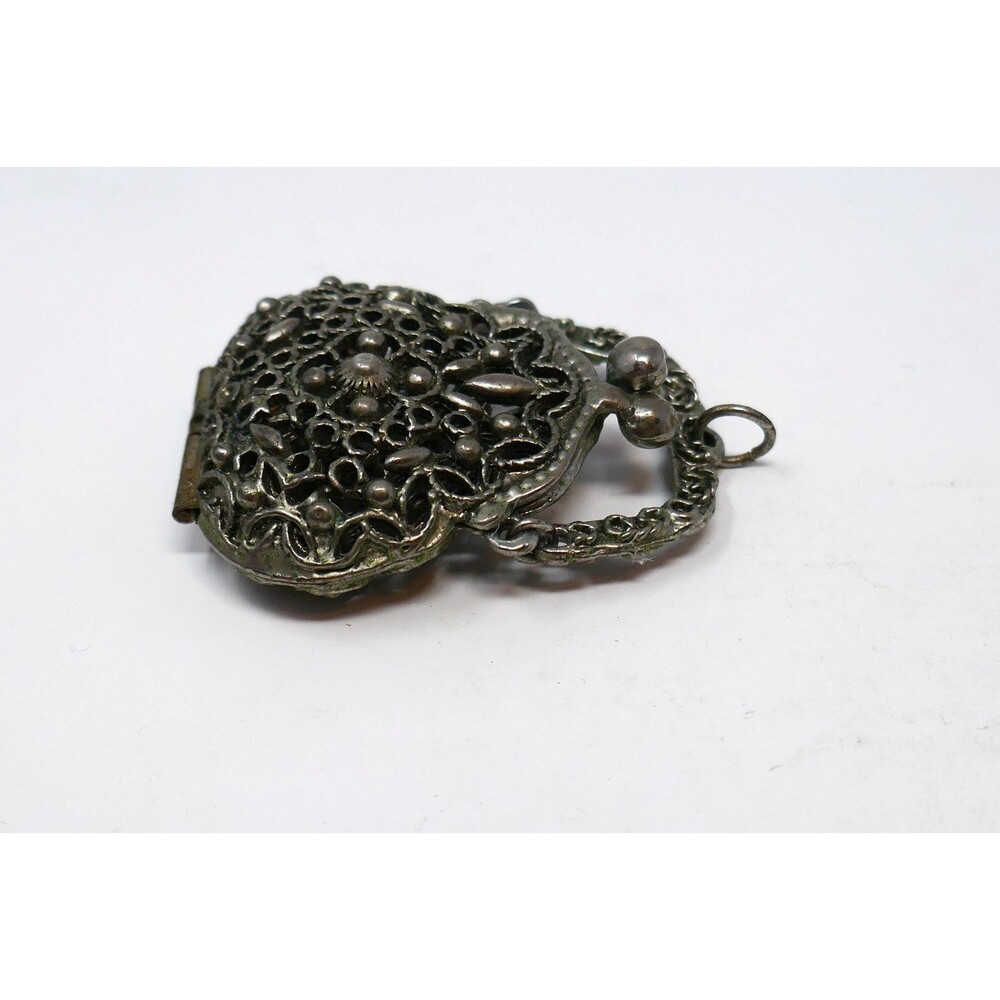 Vintage 1960s Art Deco Style Silver Tone Filigree Miniature Purse Locket Pendant - Picture 12 of 14